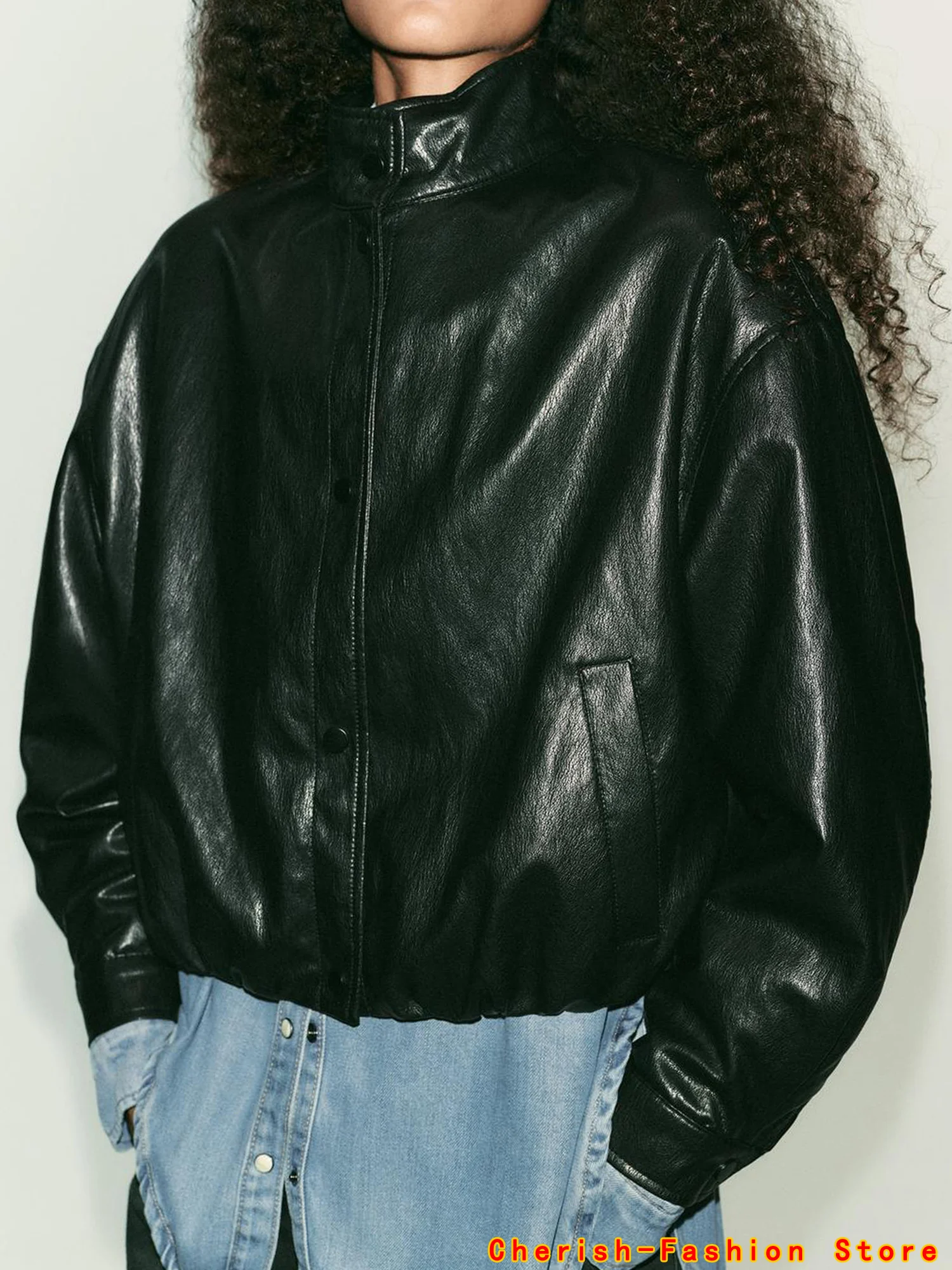 

Black Leather Jacket Women Stand Collar Button PU Leather Loose Outerwears Autumn Chic Street Commute Lady Tops Bomber Jacket