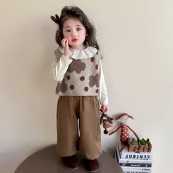 Baby Girls Sets Solid Fashion Knitted Vest Pants 2024 Autumn New Korean Style Childrens Two Piece Sets Clothes