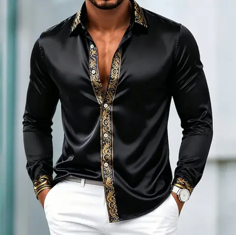 Luxury men's long shirt Light luxury satin smooth men's long sleeved formal shirt with a lapel, Baroque gold patterned placket, and cuffs trimmed with