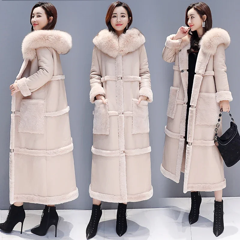 Large Size Winter Lambswool Jacket Coat Women Long Faux Leather Jacket Female Thicken Warm Overcoat Womens Hooded Faux Fur Coats