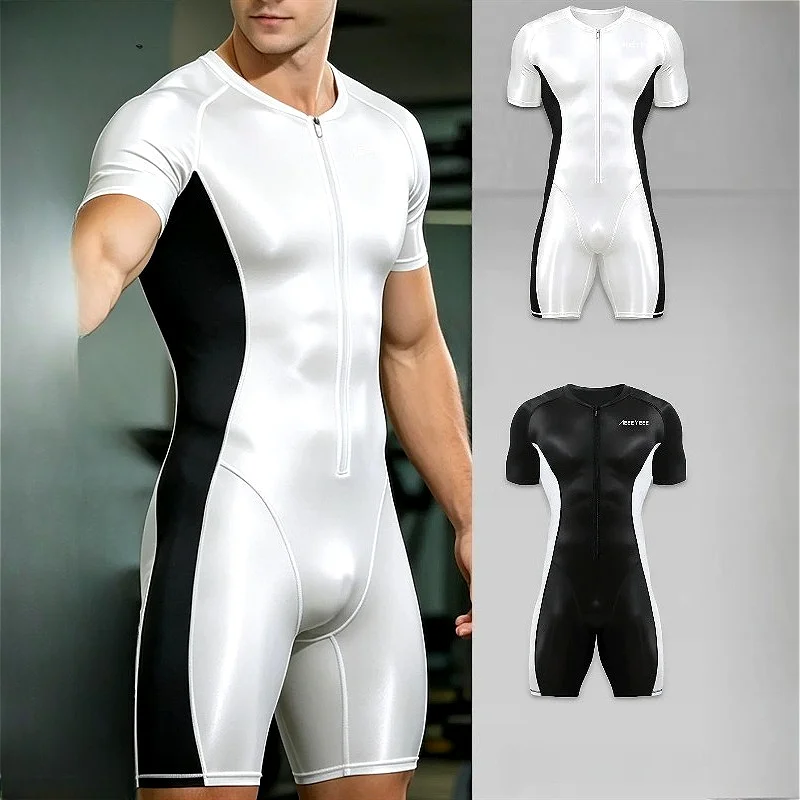 Sports Bodysuits Mens Shapers Sexy Zipper Quick Drying Running Jumpsuit Fitness Wrestling Training Cycling Man Lingerie Bodysuit