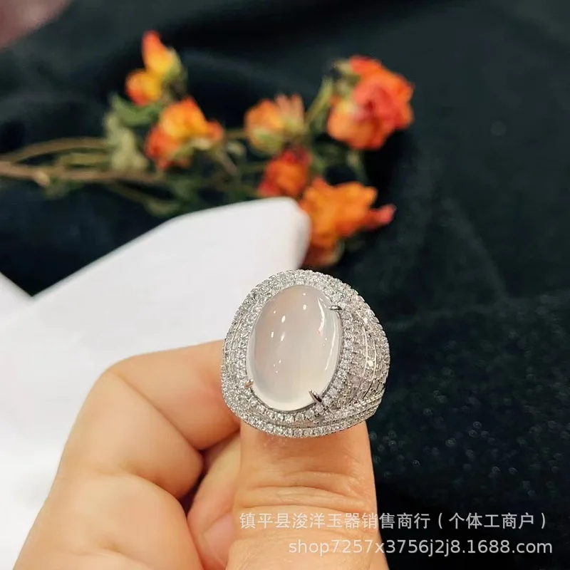 Lychee-shaped agate gemstone , high-quality chalcedony silver-plated inlaid ring, ice white with fluorescenc