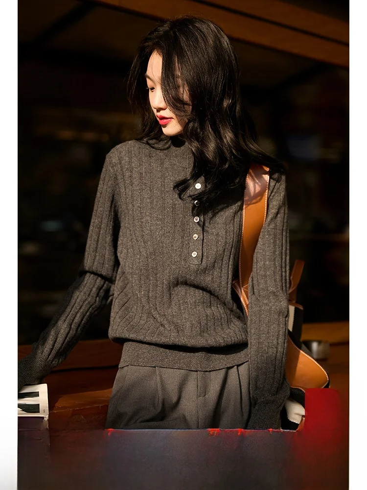 

Ele Pure Camere Knitwear Double Collar Soft Cozy Simple Faionable Women's Long Sve Sweater Warm Daily Wear