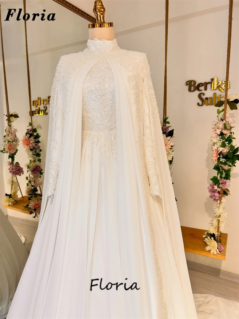 

Muslim White Cape Long Sleeves Evening Dresses Dubai Design Beaded Crystals Wedding Party Gowns Vestidos De Gala Customized Prom