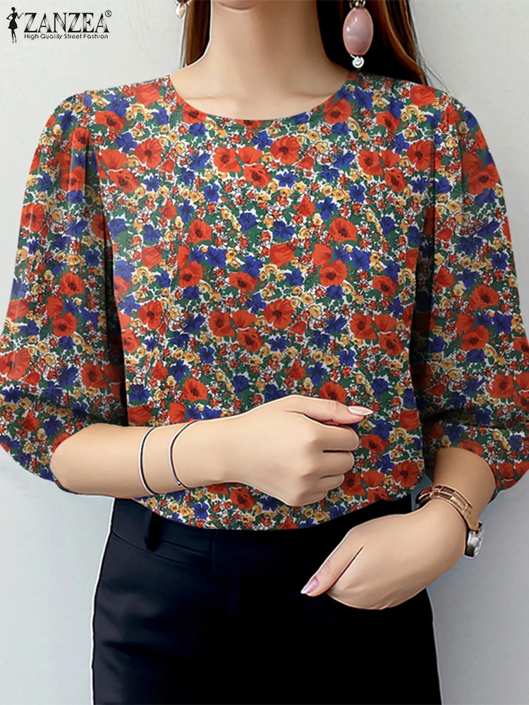 

ZANZEA Fashion Ditsy Floral Blouses Women Elegant 3/4 Puff Sleeve O-Neck Blusas Mujer 2025 Summer Casual Commute Tunic Tops