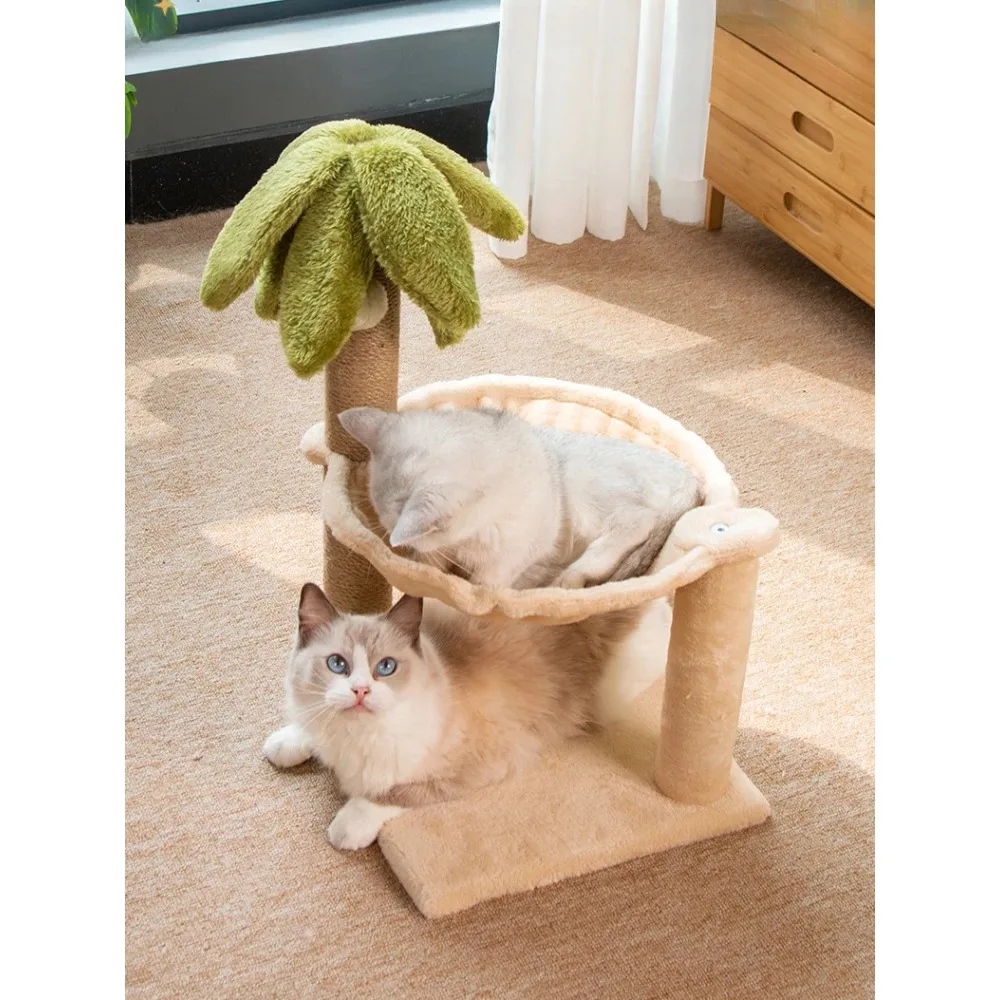 Coconut Tree Cat Frame 2-Layer Cattower With Fully Wrapped Post Cat Climbing Tower Cat Scratching Post With Hang Ball For Indoor