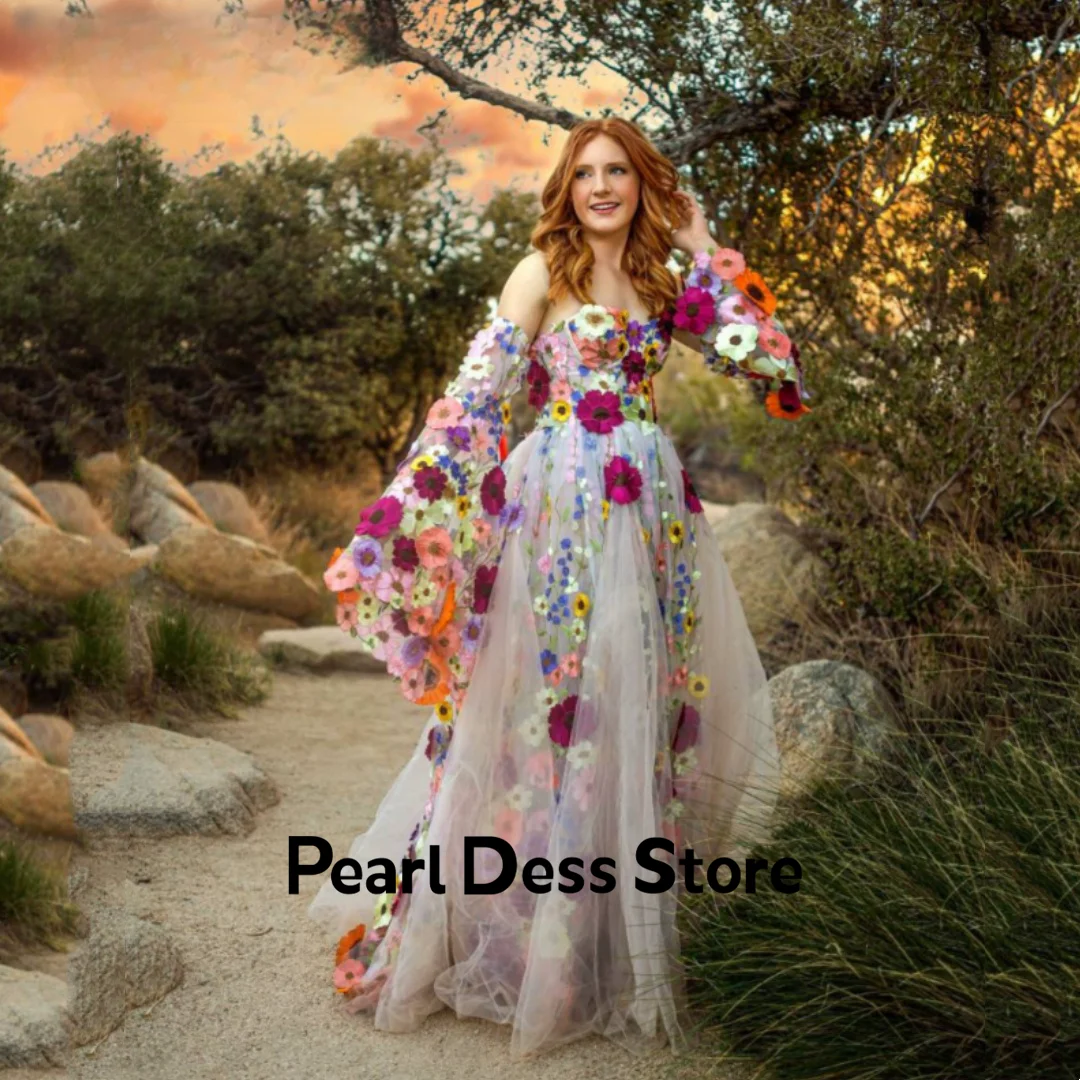 

Exquisite Flower Sticker Ball Dress Long Bubble Sleeve Evening Dress Sweetheart Wedding Party