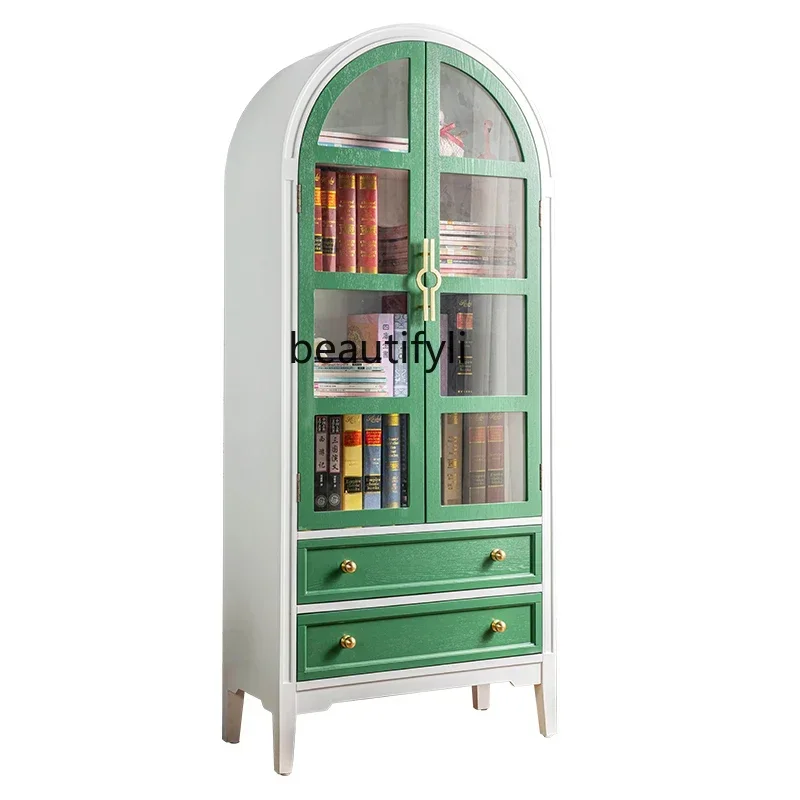 

New Arrivals American Green Storage Bookshelf Arch Lockers with Glass Door French Pastoral Style Hand-Made Display Cabinet S03