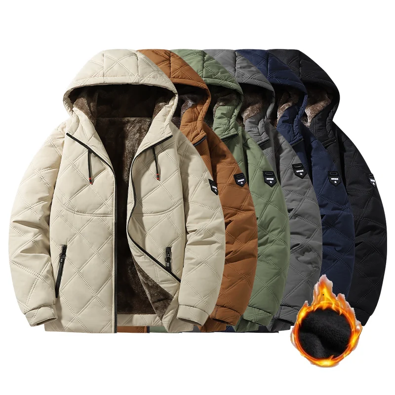

Mens Winter Hooded Jacket Quilted Design Cotton Padded Coat with Plush Fleece Lining Warm Thermal Parka for Freezing Climate
