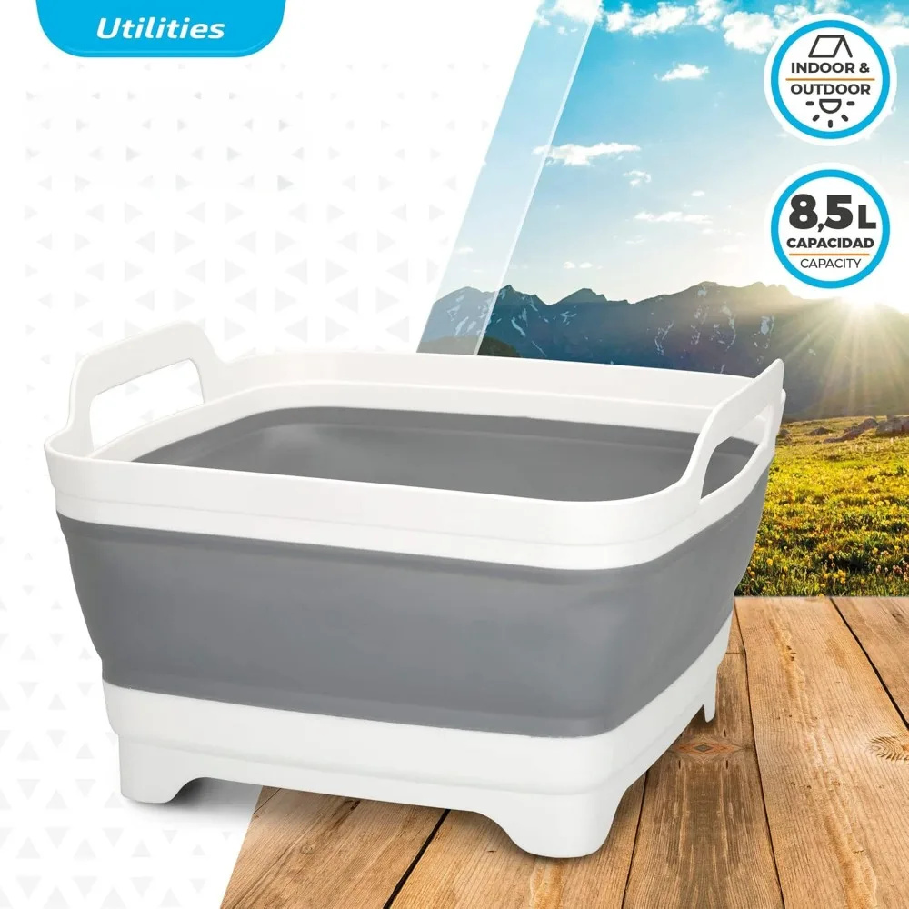 Foldable Camping Sink, Made of TPR Plastic and Rubber, with Drain Plug, 8.5 Liters, 30.5 X 30 X 20/7 CM Portable Folding Basin