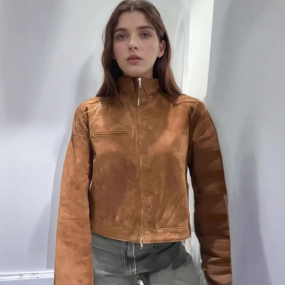 2025 جديد الوقوف طوق الجلد المدبوغ الملمس سترة نسائية بسيطة الرجعية تنوعا سترة قصيرة عادية ومريحة