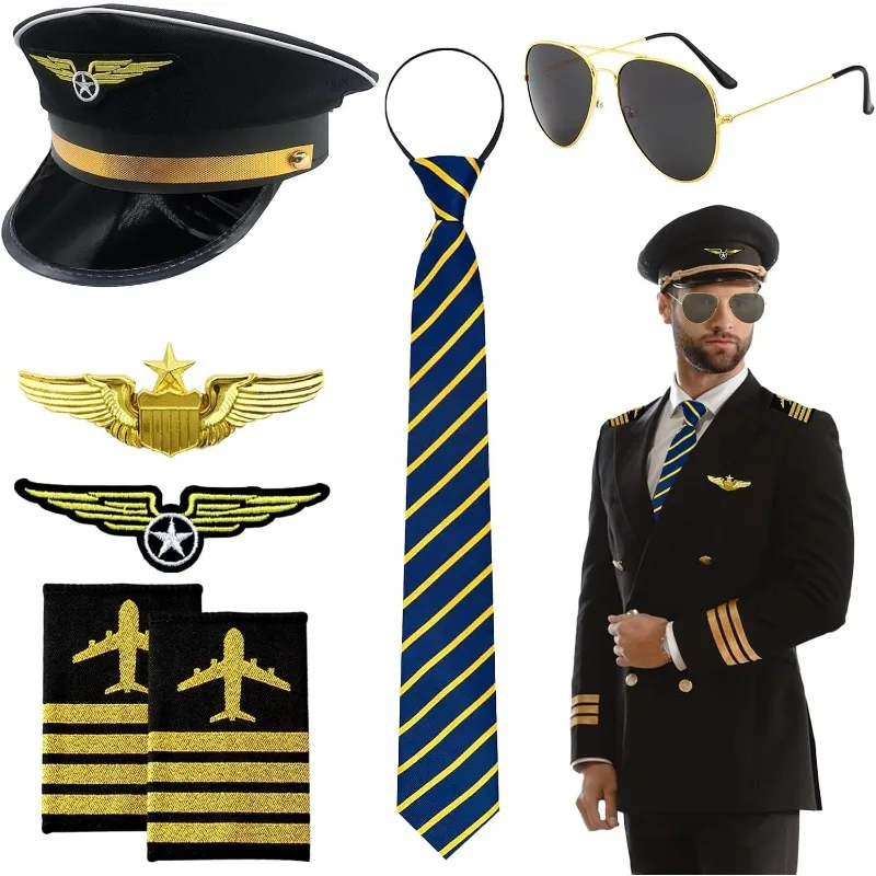 Conjunto de ropa de piloto de 7 piezas, disfraz de aviador, sombrero de piloto, gafas de sol, insignia, parche y corbata a rayas para la noche de Halloween.