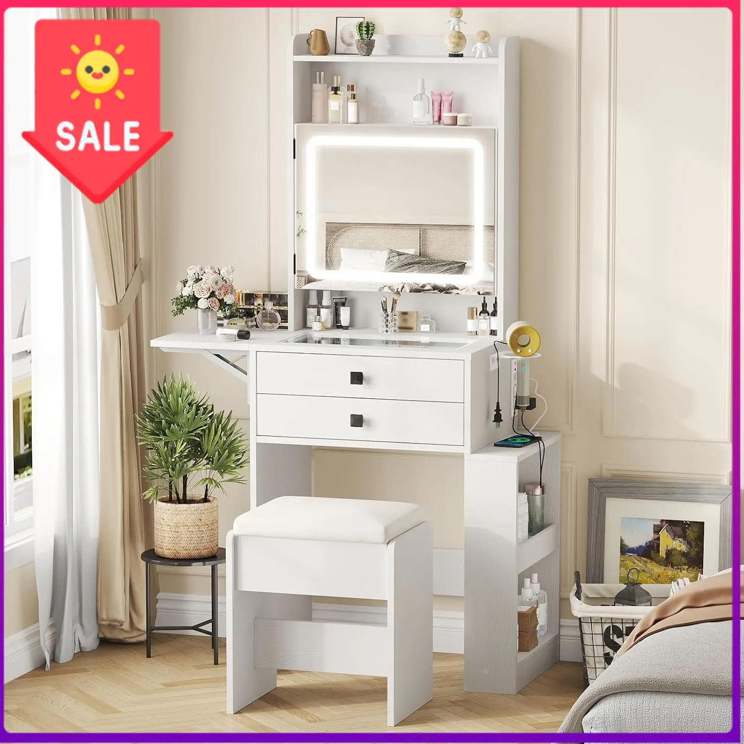 Small Makeup Vanity Desk with Fold-up Panel, White Vanity Set | Glass Top Dressing Table with 3 Adjustable Lighted Mirror