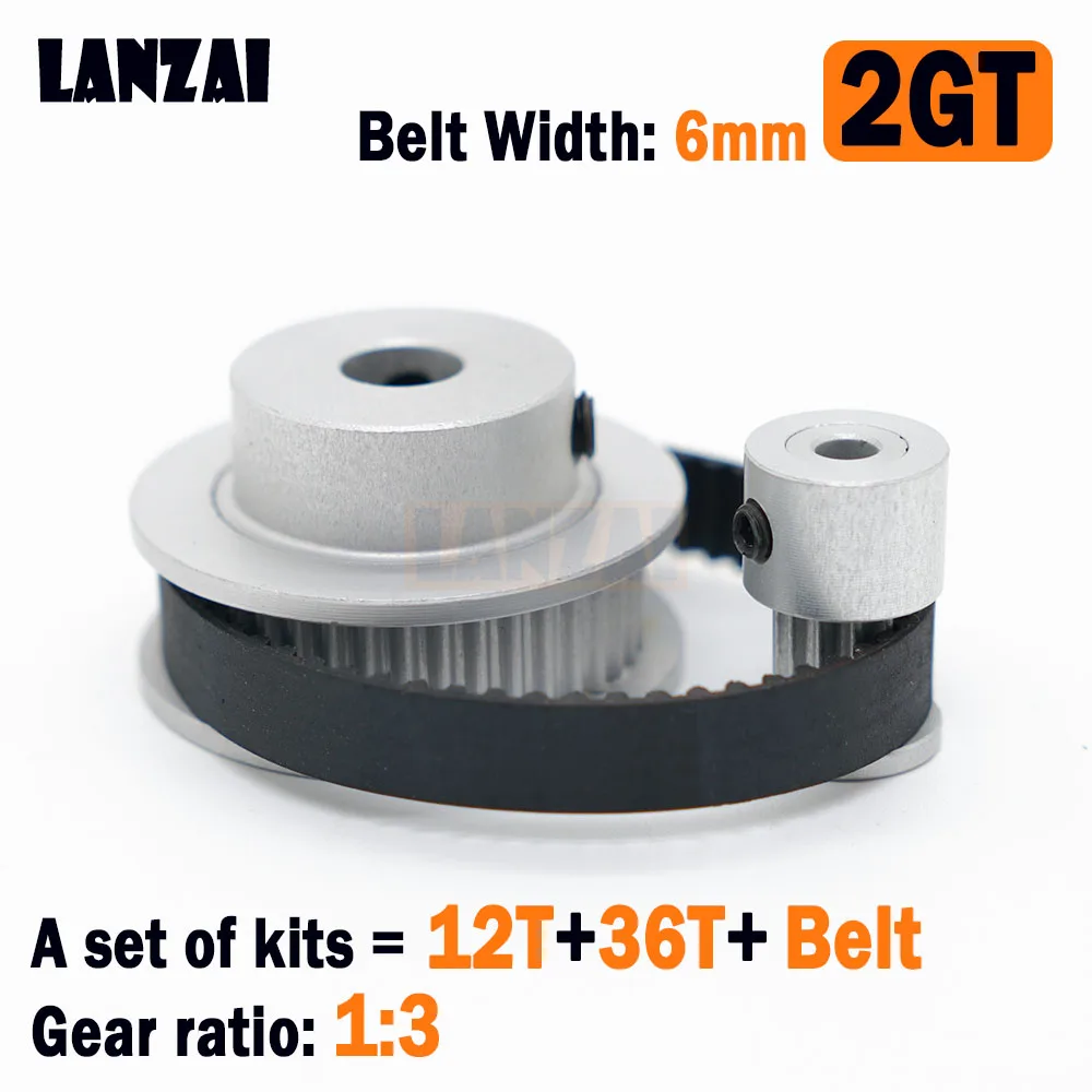 LANZAI 2GT Timing Belt Pulley kit, Set roda katrol 12 gigi rasio 1:3 lebar sabuk 6mm Aluminium GT2 12 T 36T untuk Printer 3D