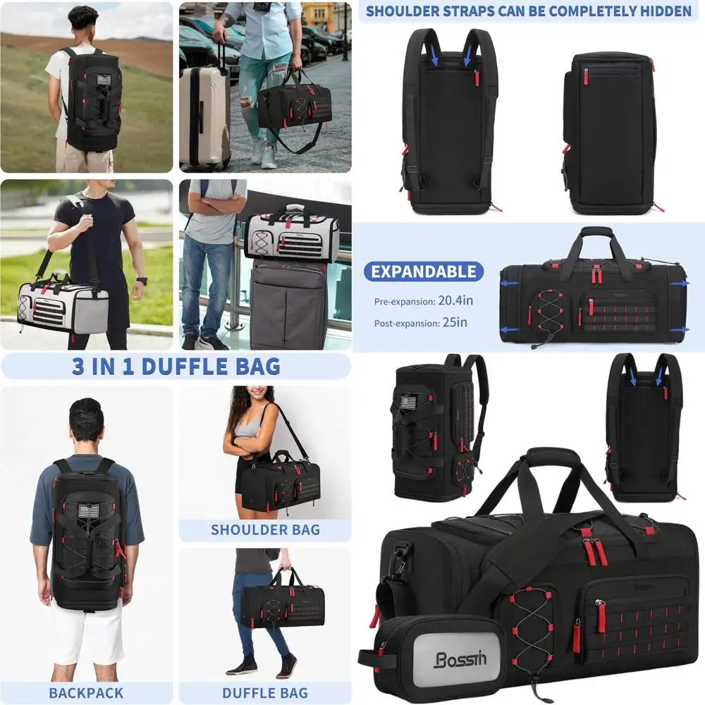 

45L Unisex Travel Sports Duffle Bag with Shoe Compartment - Weekender Gym Overnight Backpack (Black)