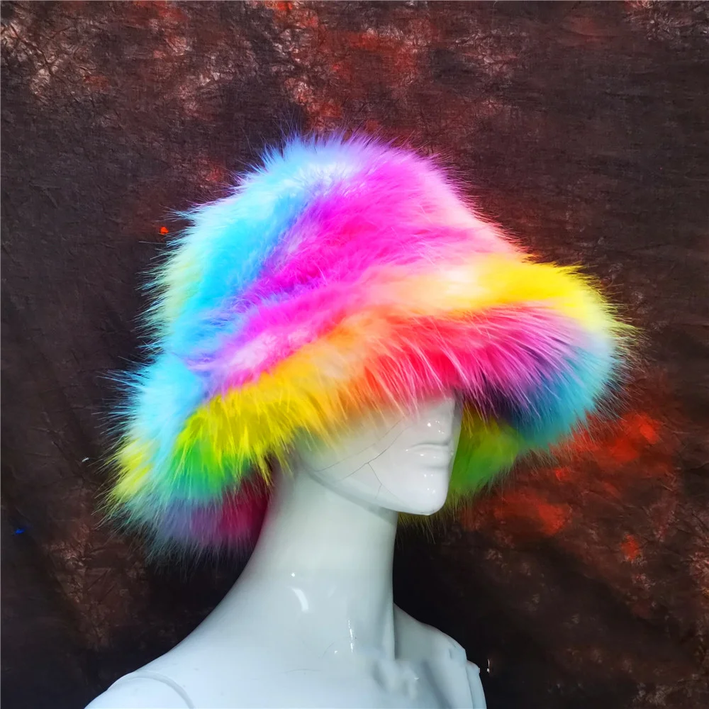 2023 y2k Fluffy Faux Fur Bucket Hat Women Rabbit Fur Warm Thick Plush Winter Hat Lady Luxury Fashion Furry Panama Fisherman Cap