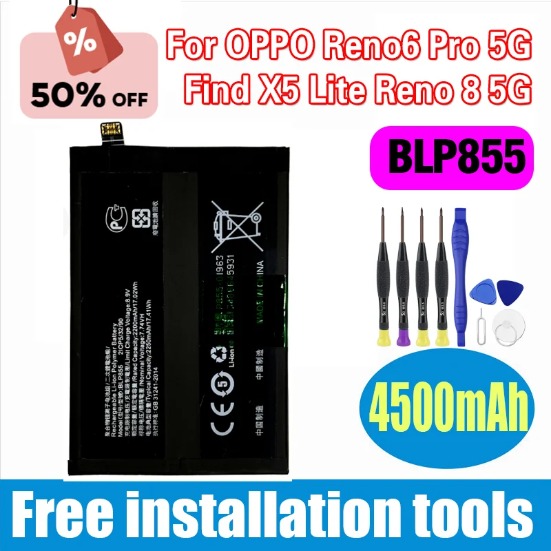 High-Quality mobile phone battery BLP855 Replacement Battery For OPPO Reno6 Pro 5G Find X5 Lite Reno 8 5G lite 4500mAh