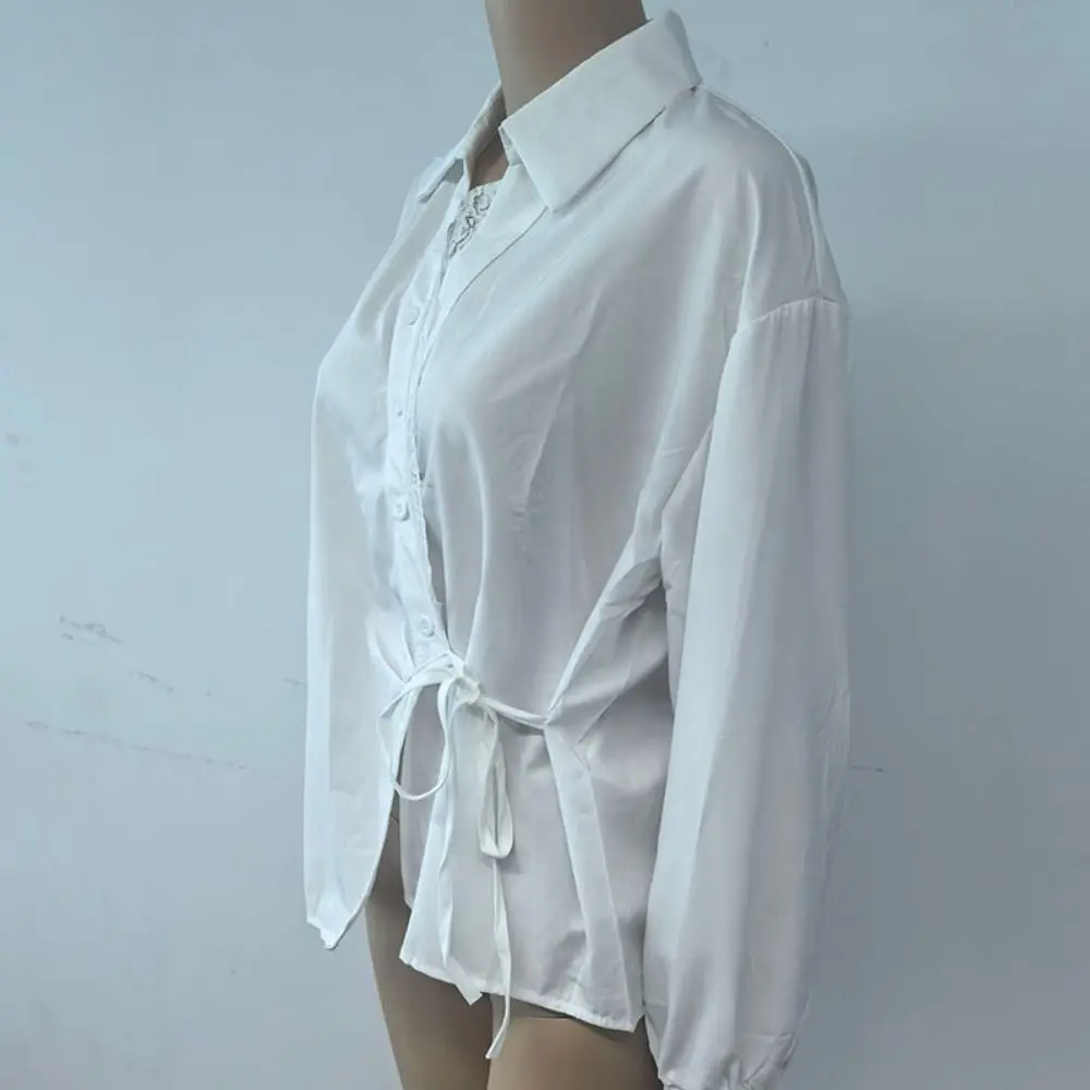 V-neck Irregular Diagonal Tie T-shirt Patchwork Crop Top Long Sleeve Blouse Retro Lace Chic Basic Tees Shirts Women Female
