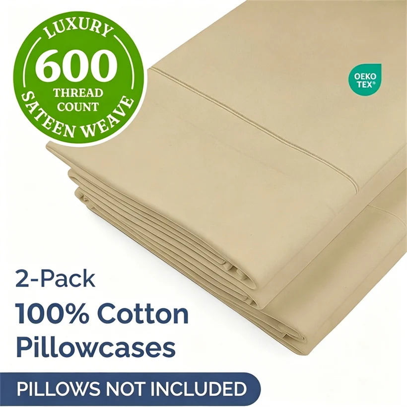 2Pcs Egyptian Cotton Pillow Cases, 600 Thread Count Pillowcases, Soft Long Staple Cotton Pillow Cover with Envelope Closure