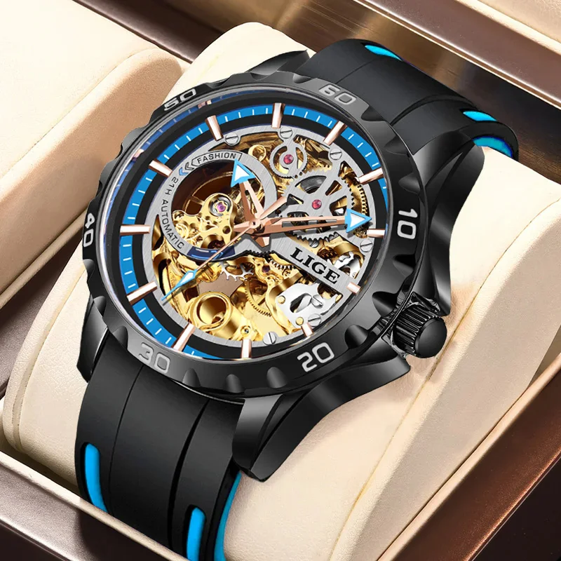 LIGE Men\'s Watches Automatic Mechanical Business Wristwatch Waterproof Luminous Silicone Strap Watch for Man Skeleton Male Clock