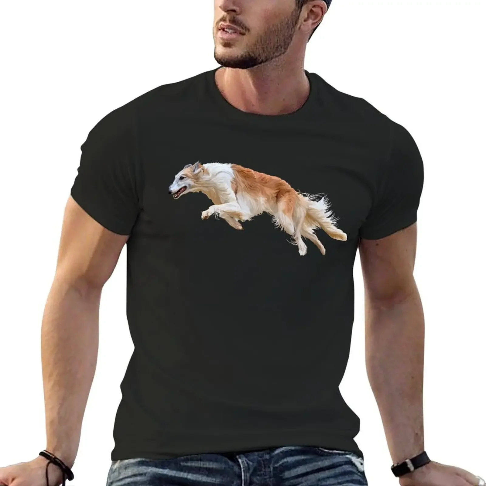 Running White and Tan Borzoi Dog T-Shirt blue archive graphic tee shirt oversized men tshirt