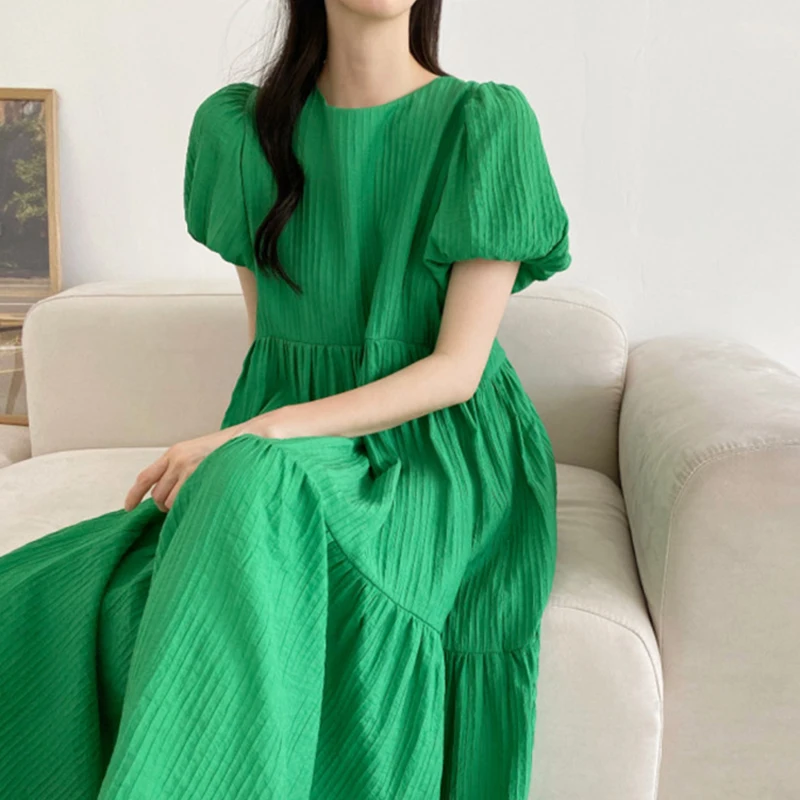 

Chic Summer Long Bubble Sve Gathered Waist Slimming Women's Dr Korean Sle High Waist round Ne Over-Knee Length