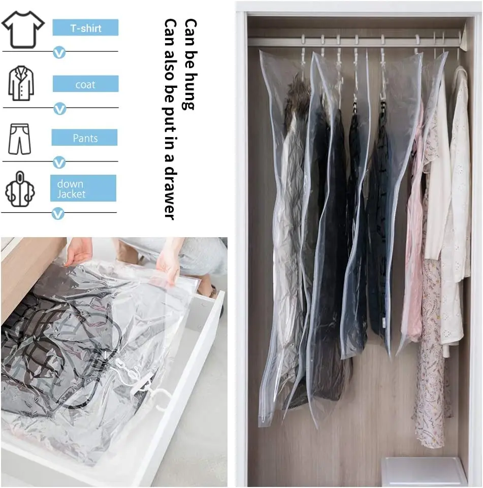 Hanging Vacuum Storage Bag Space Saver Seal Compressed Storage Clothing Bags for Suits, Dress Coats or Jackets, Closet Organizer