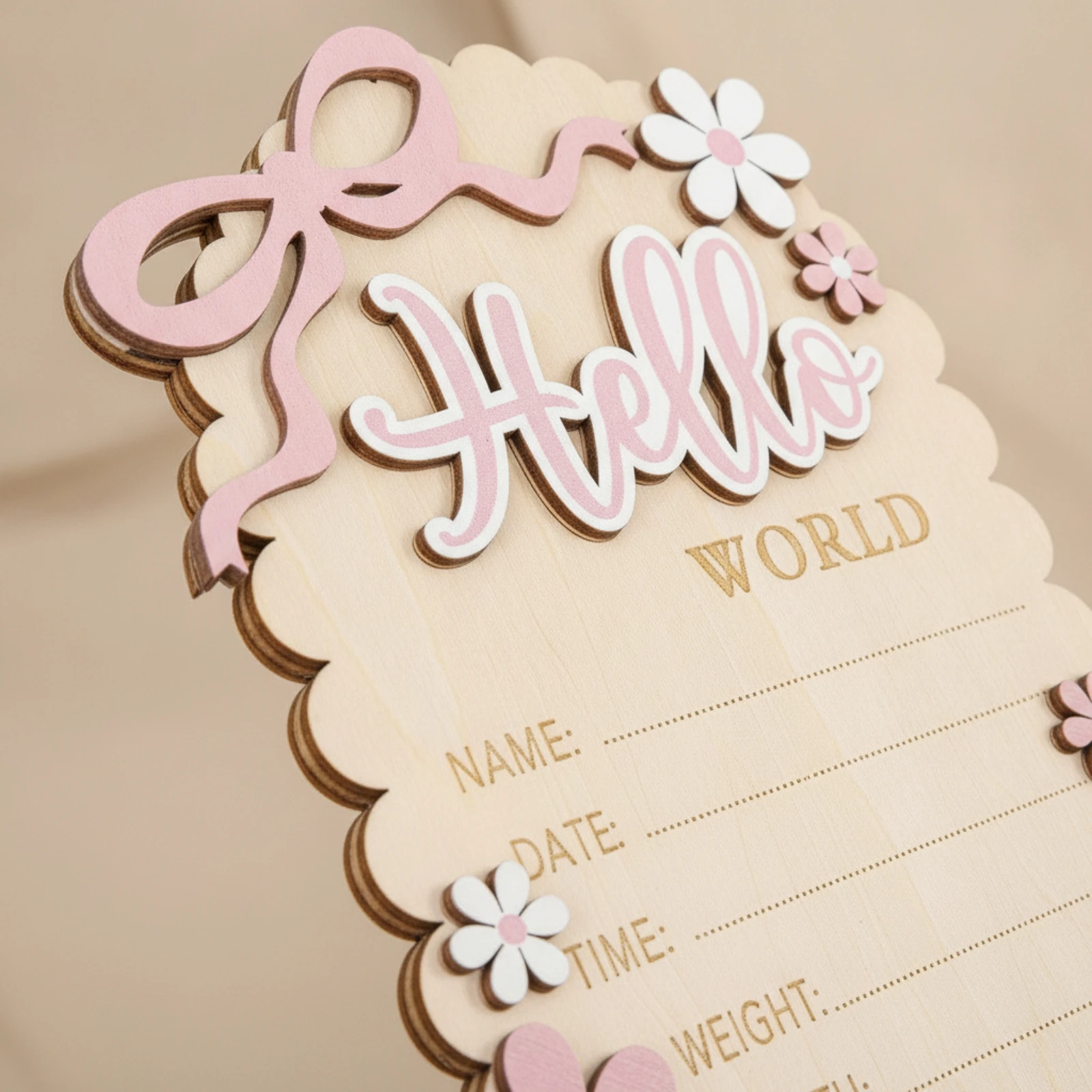 Baby Milestone Plaque with Ribbon Scalloped Birth Announcement Plaque Newborn Photo Prop Natural Plaques Lightweight