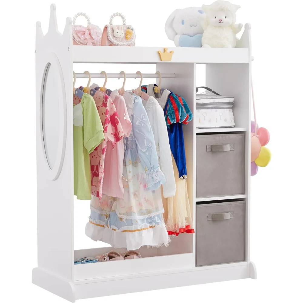 

Storage with Mirror, 2 Storage Bins & Cloth Hanger, Kids Play Armoire Dresser Pretend Storage Closet for Bedroom, Kids Room