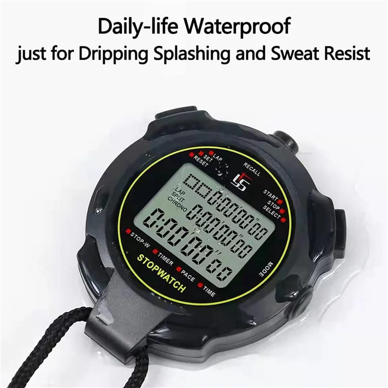 ABUN-6X Digital Sports Stopwatch, 10Lap /Split Memory Stopwatch Count Down Timer, Large Display Waterproof 12/24 Hour Clock