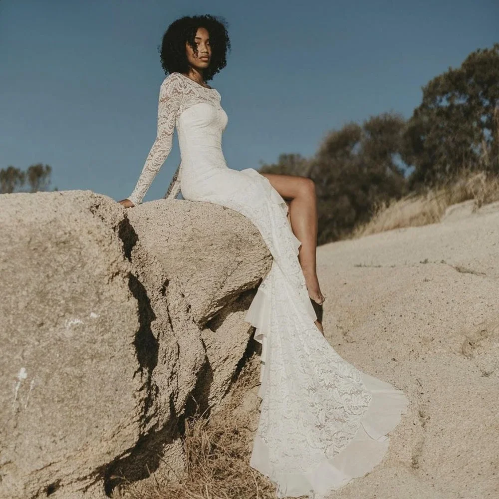 Robes De mariée blanches sirène en dentelle, Sexy, manches longues, dos Illusin, longueur au sol, robe fendue sur le côté