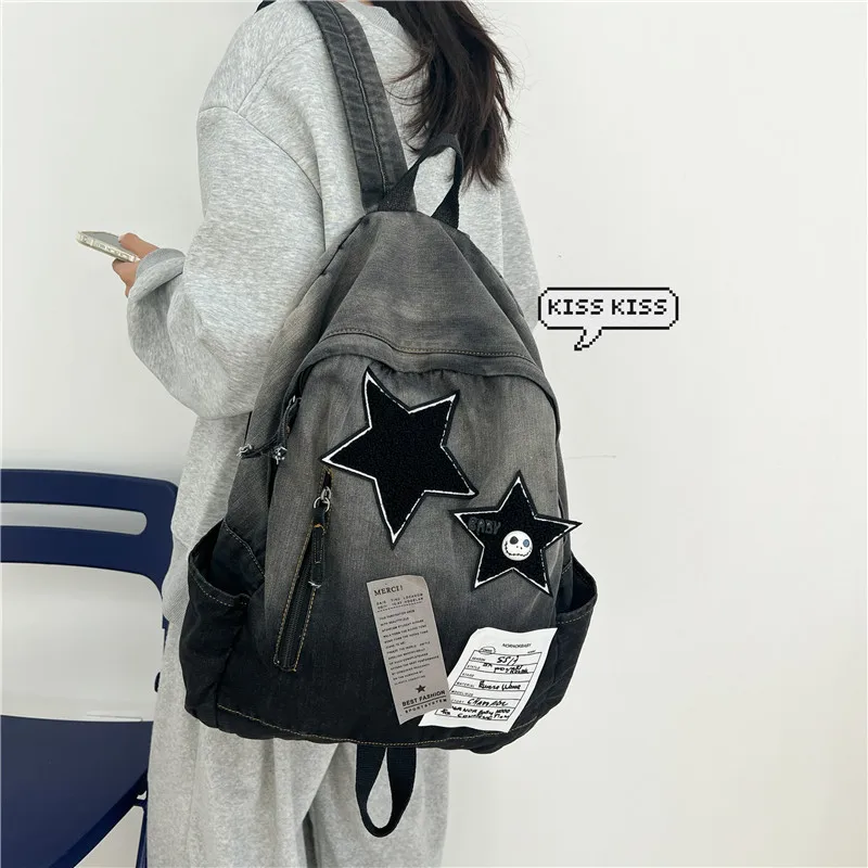 Y2K Korean Casual Denim Backpack Fashion Star Pattern Large Capacity Student Schoolbag Teenagers Vintage Punk Travel Book Bag