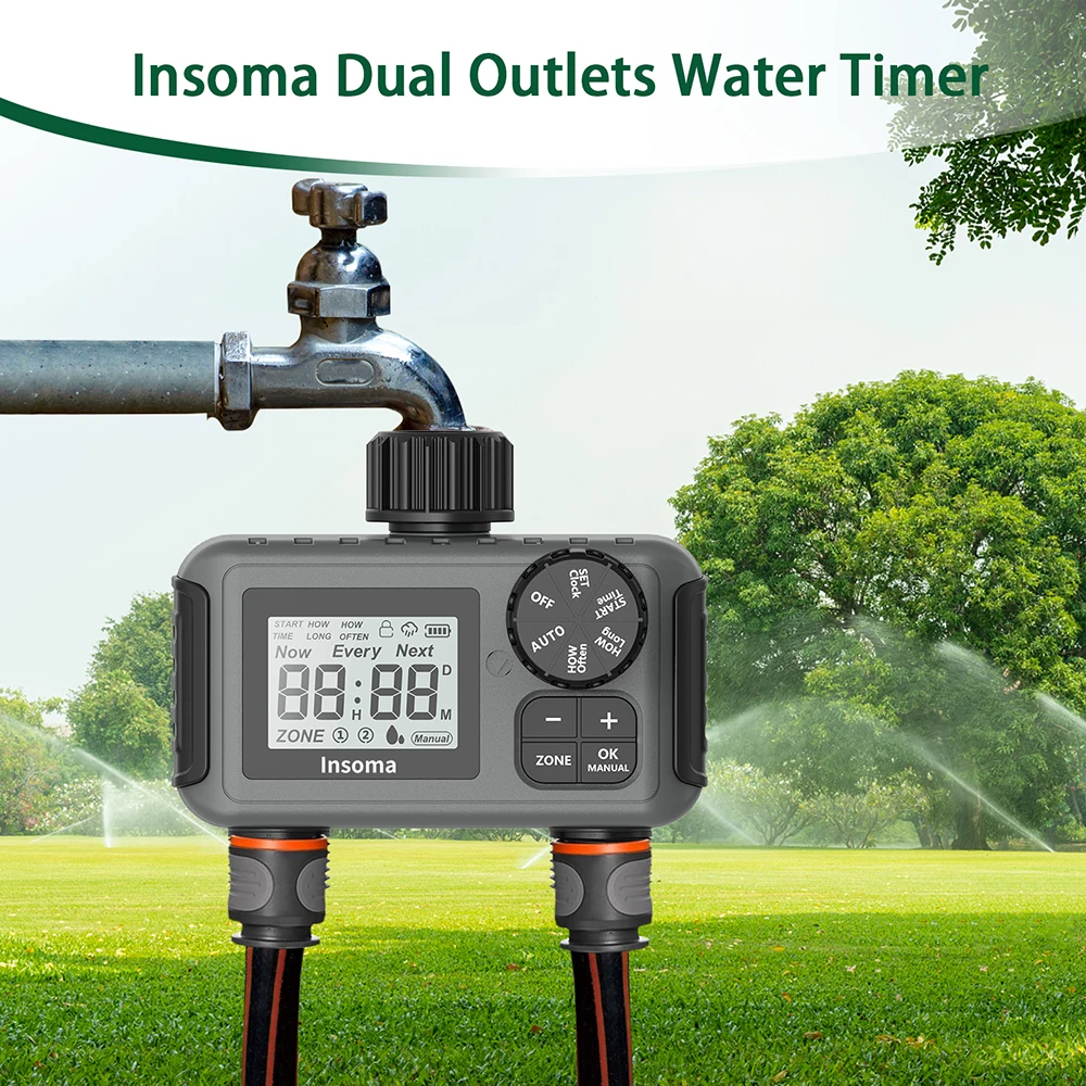 Insoma Smart Irrigation Watering System Dual Outlets Automatic Water Timer Sprinkle Faucet Hose Programmer  for Garden Outdoor