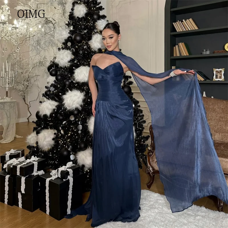 

OIMG Trendy Navy Blue/Red Strapless Mermaid Prom Gowns Pleated Party Gown Floor Length Evening Dress vestidos de gala Customized