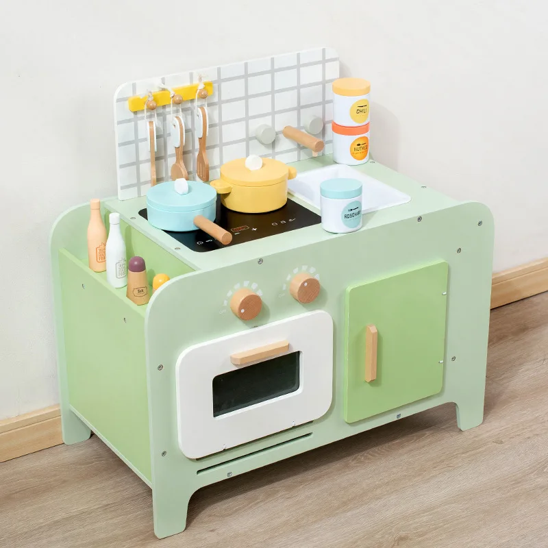 Children's Playhouse Toys Green And Fresh Small Kitchen Combination Simulation Of Boys And Girls Kindergarten Wooden Toys