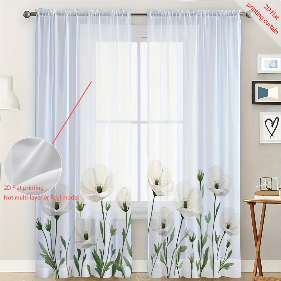 2PCS Digital Print Sheer Curtain, Green Branch White Poppy, Boho Chic Window Curtains for Living Room Bedroom Home Decor