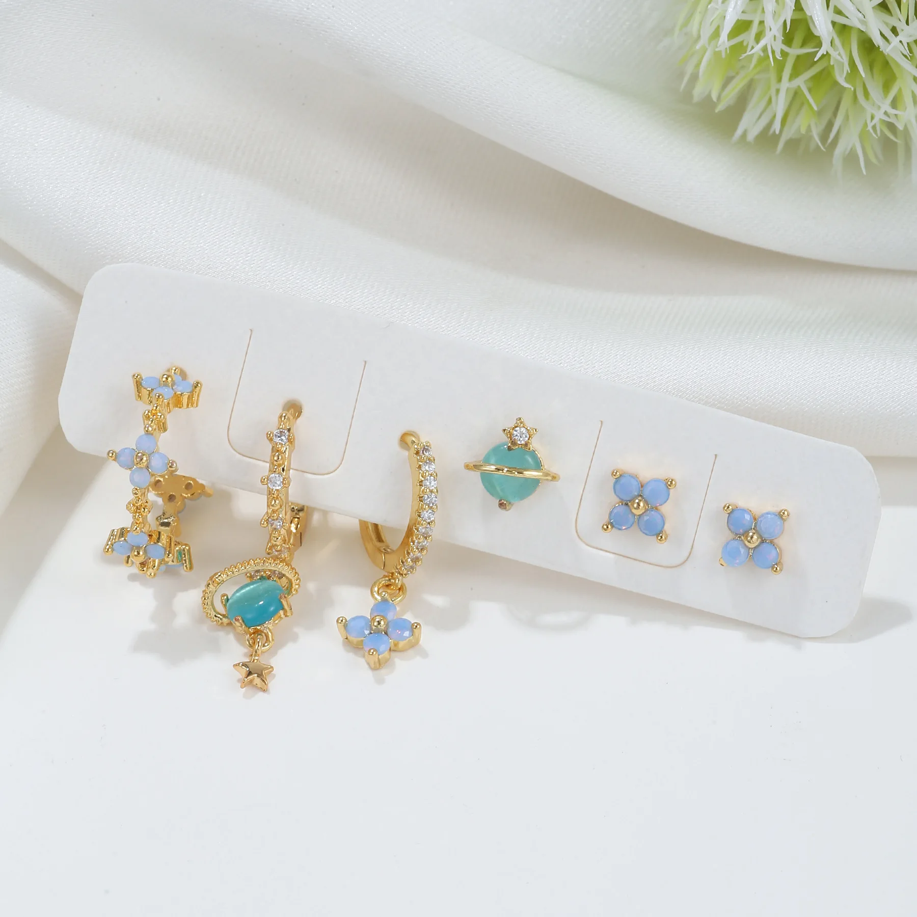 Conjunto de Pendientes de Estrella, planta, Flor de Circonio a la Moda y Elegantes para Mujeres, Joyería al Por Mayor, 6 piezas