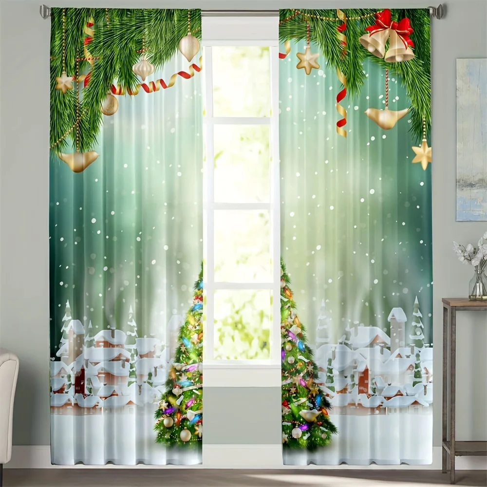 

Christmas Decorative Curtains Green Gradient Pine Branch Snow View Bedroom Living Room Kitchen Balcony Decorative Curtains 2 Pcs