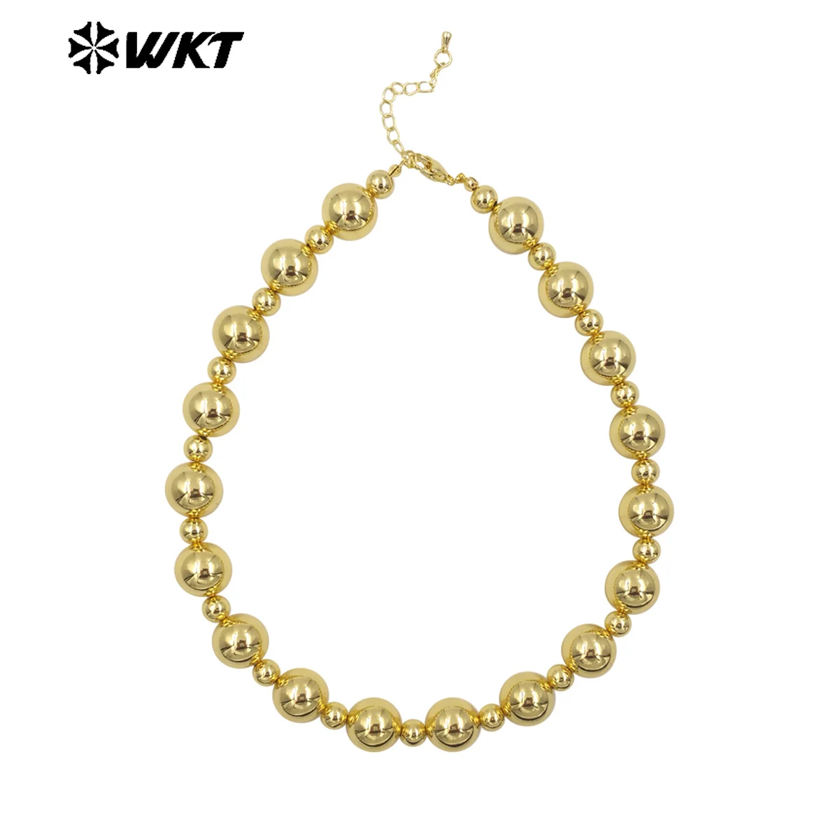 WT-JFN15 New Popular Simple Cool 18K Real Gold Plated 16MM Big Brass Ball Beads Women Necklace With Extend 18inch Long