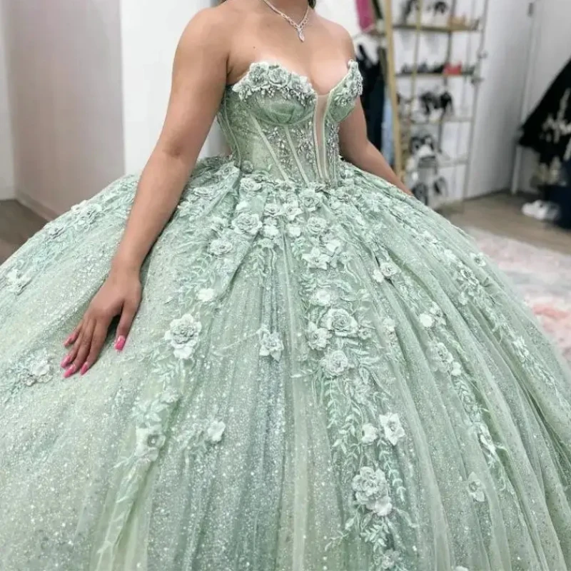 Mint Green Shiny Quinceanera Dresses Ball Gown 3D Flowers Appliques Lace Beading Crystal Tull Sweet 16 Birthday Party Vestido De