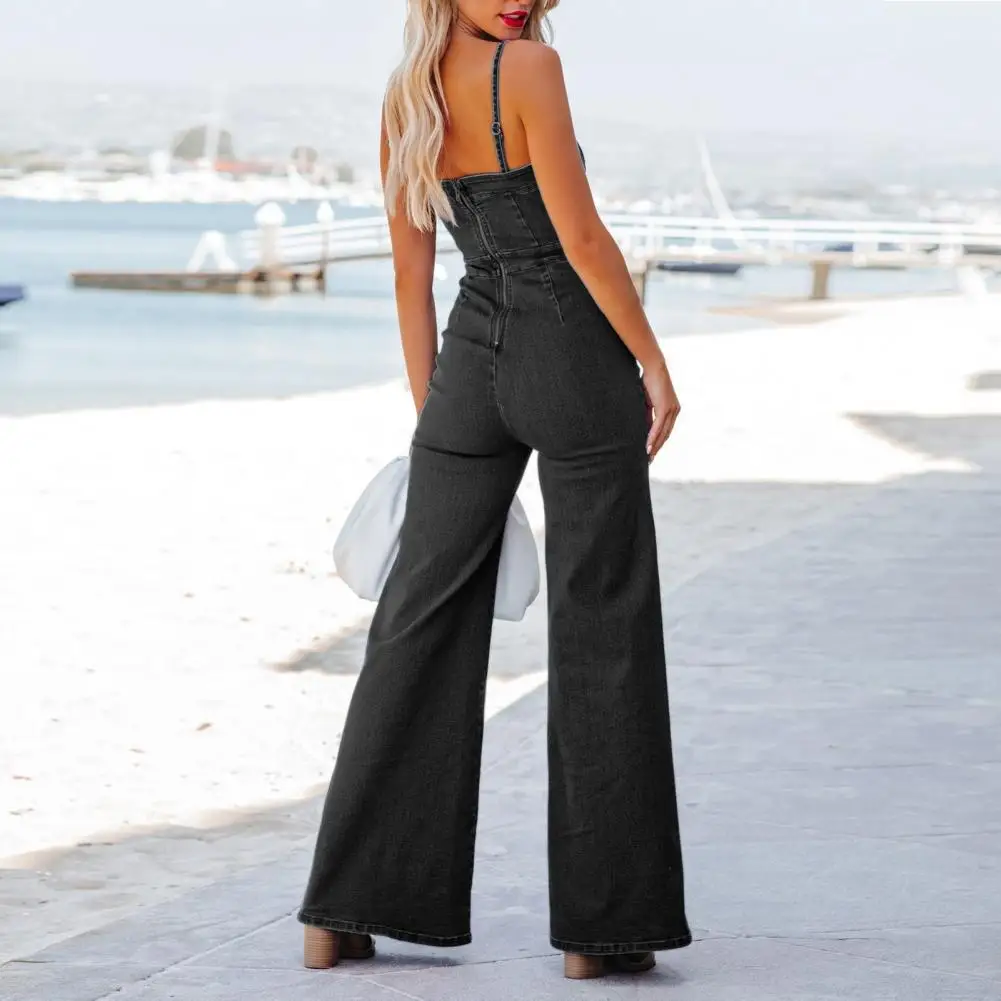 Low-cut Jumpsuit Stylish Denim Patchwork Jumpsuit with Flared Hem Spaghetti Straps V Neck Backless Design High Waist for Women