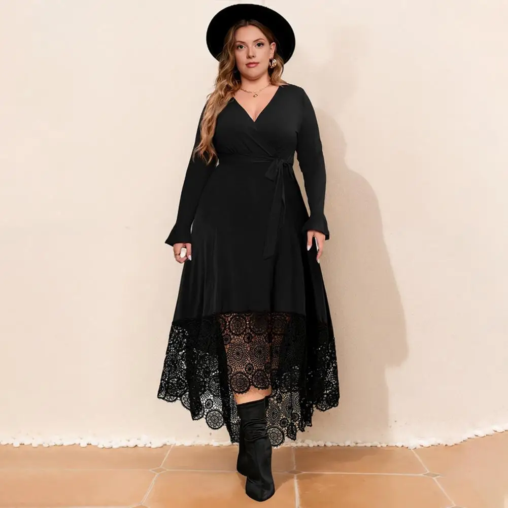 Vestido de encaje de manga larga Vestido elegante de talla grande de encaje negro con cuello en V y mangas largas dobladillo alto y bajo bordado para mujer especial