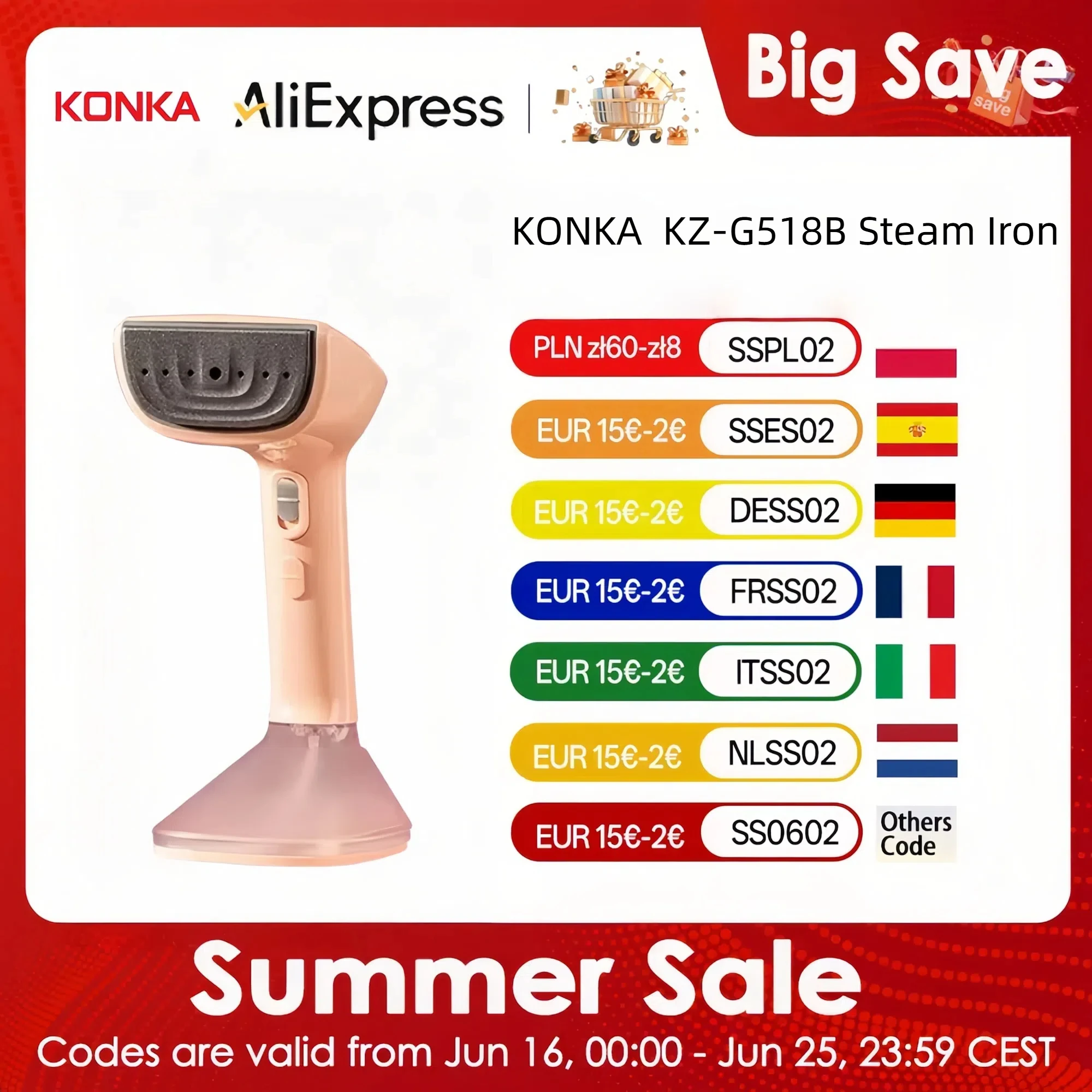KONKA  KZ-G518B Steam Iron 1500W 7-Hole Steam Output Dry/Wet Ironing Auto Shut-Off Portable & Compact for Travel