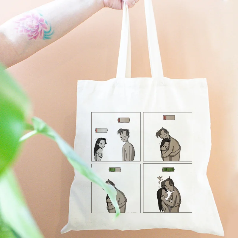 

Cute Comics Love Recharge Tote Bag for Valentines Days Romantic Gifts Shopping Ecobag Foldable Shoulder Handbags for Lover Women