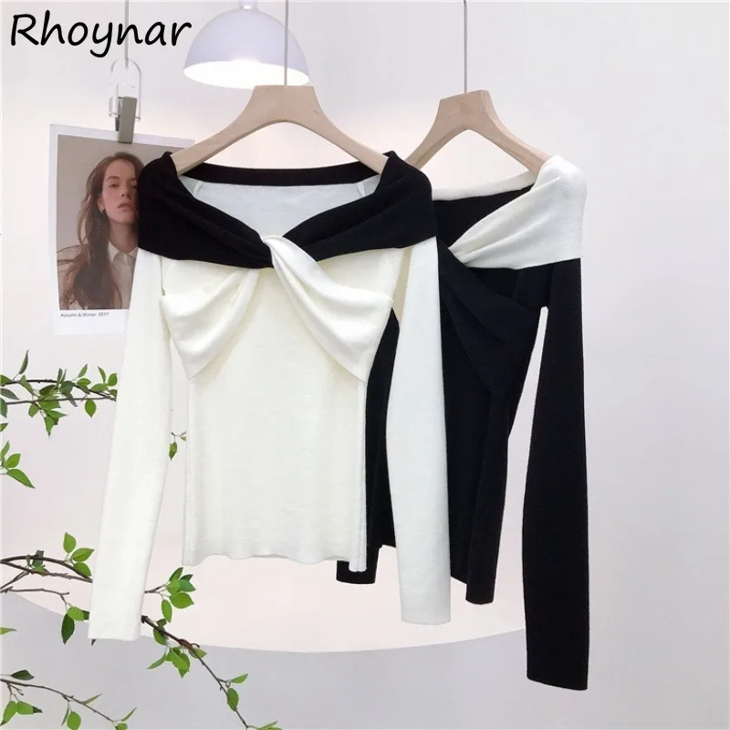 

Pullovers Women Korean Stylish Leisure Daily Off Shoulder Panelled Sweater Slim Fit Tops Temperament All-match Casual Prevalent