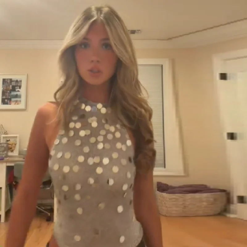 

Trendy Large Sequin Decorative Short Top Sexy Hanging Neck Off-shoulder Backless Lace Up Tank Vest Y2k Corset Woman Clothing