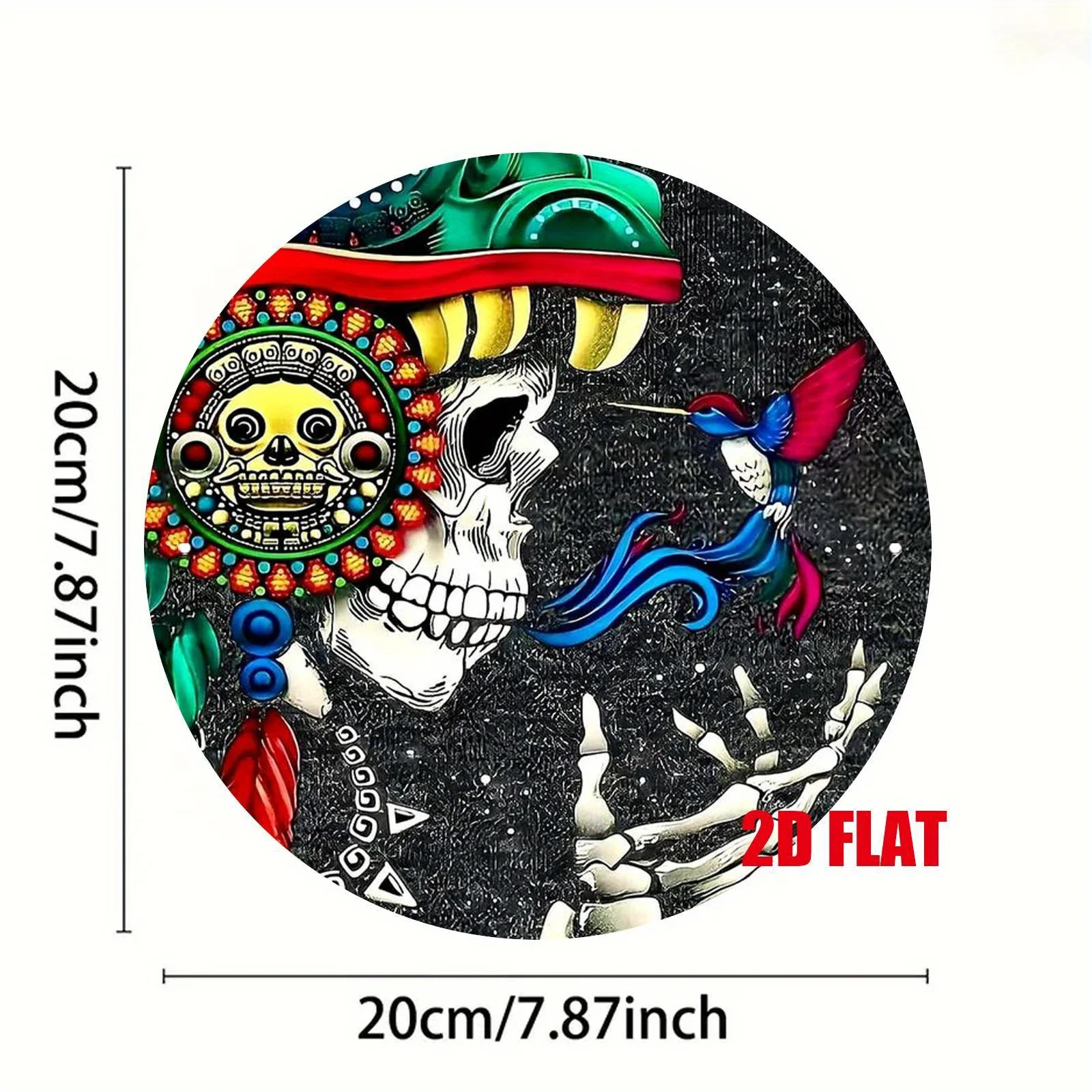 2D Flat Skull & Feather Mosaic Metal Sign - 7.8