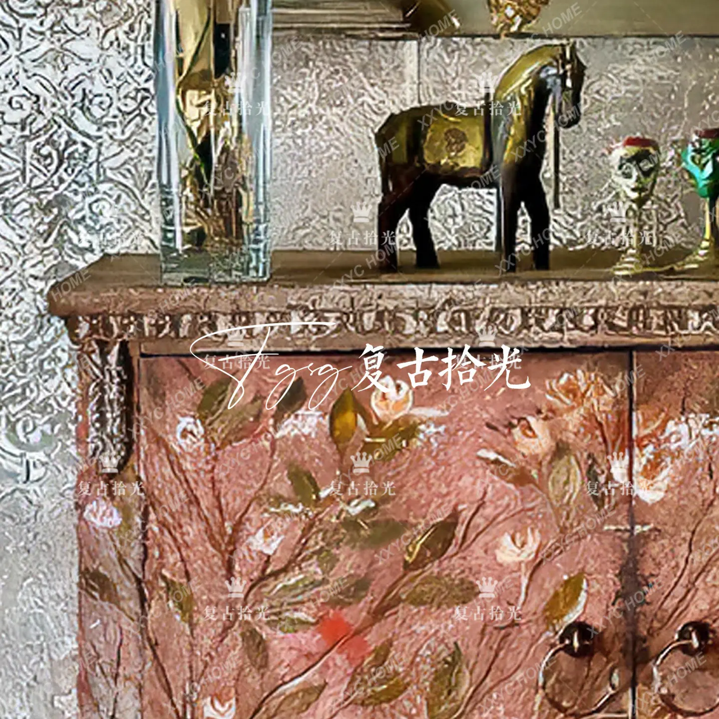 L retro style hand-painted flower entrance cabinet, double door carved locker, old decorative cabinet