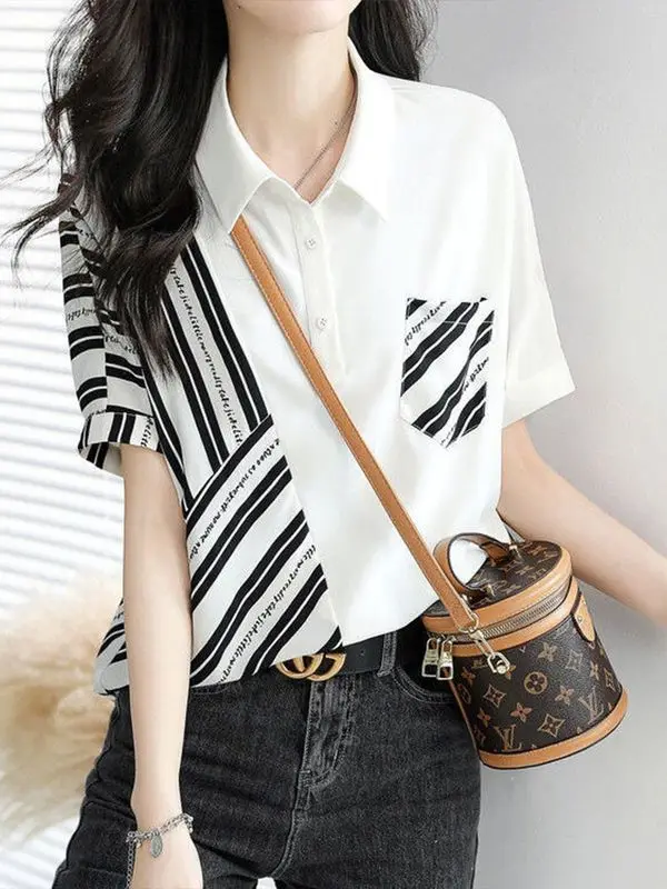 Casual Striped Patchwork Shirt Tops Summer New Polo Neck Pocket Loose Contrast Fashion Blouse Vintage Trend Women Clothing