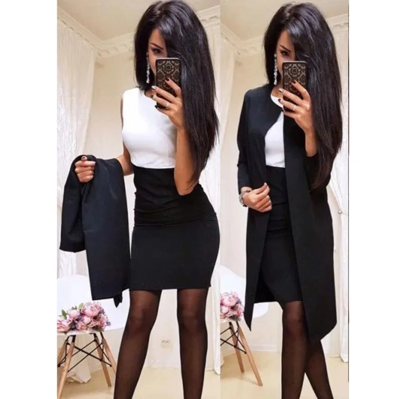 Stitching Blazer Sets Long Coat Sets Business Women Dress Suits Solid Color Cardigan High Waist Dresses Sets